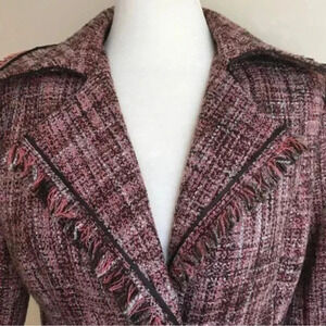 New York & Company Women’s Black Pink Gray Tweed 3/4 Sleeve Fringe Blazer
